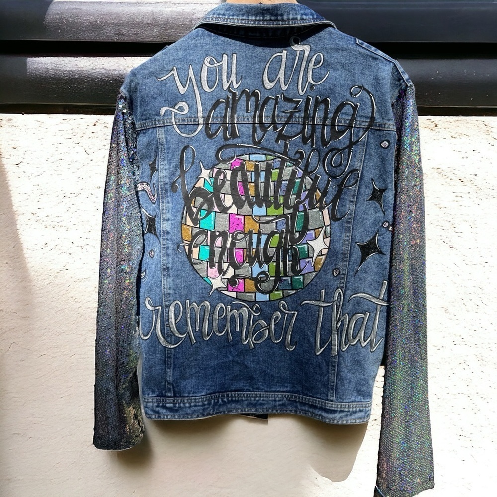 Eras Tour Ready: Dazzling Upcycled Se7en Jacket with Chic Design! Oversized Med - Picture 6 of 16